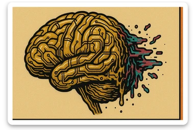 realistic close-up of a human brain made of golden wires and circuits, partially melting or glitching, symbolising sabotage, old school comic book style, 16:9 aspect ratio sticker