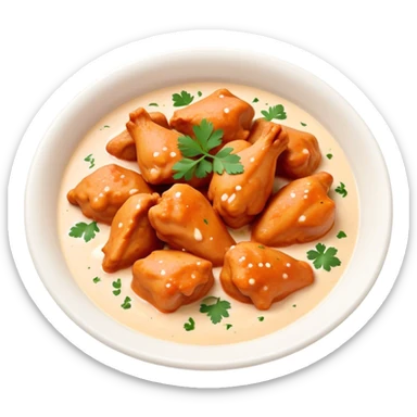 Butter Chicken Cinematic Realistic Butter Chicken Dish Emoji, depicted as tender chicken pieces sliced up and bathed in a creamy white sauce garnished with fresh cilantro, rendered with rich textures and vibrant, appetizing lighting. sticker