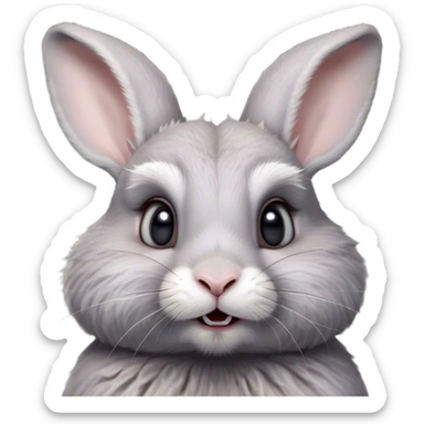 Cinematic Comical Grey Rabbit Portrait Emoji, Head tilted dramatically with an exaggeratedly amused expression, featuring a striking grey fur with subtle textures, wide, expressive grey eyes filled with playful disbelief, Simplified yet hilariously expressive features, highly detailed, glowing with a slightly sassy glow, high shine, dramatic yet playful, stylized with an air of cheeky mischief, bright and endearing, soft glowing outline, capturing the essence of a spirited and over-the-top bunny, so meme-worthy it feels like it could side-eye its way into internet fame instantly! sticker