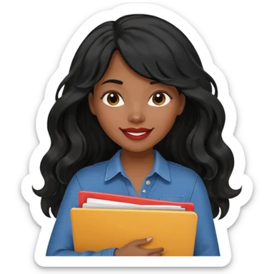 A young woman with long black hair, a wavy frange falling on half of her head. There's a long wavy stretch of hair falling on the side of her head. She's black, medium to dark skinned with thick lips. She's holding folders, and she's a CEO, but she's wearing casual clothes. sticker