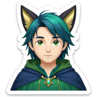 anime man with straight long dark-blue-black-gradient hair with light-green stripes in it, long black fox ears, hazel-gradient-brown-turquoise eyes, gold earring, dark-blue-sweater, green cape,  sticker