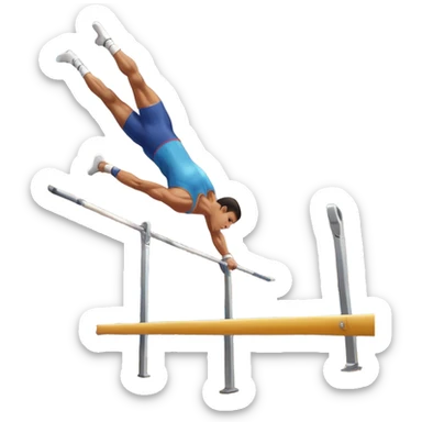 A professional male athlete performing on the parallel bars, showcasing strength and grace. His body is in mid-motion as he holds a perfect inverted position, demonstrating control and balance. The background features a bright gymnasium with high ceilings and a crowd cheering in the distance. sticker