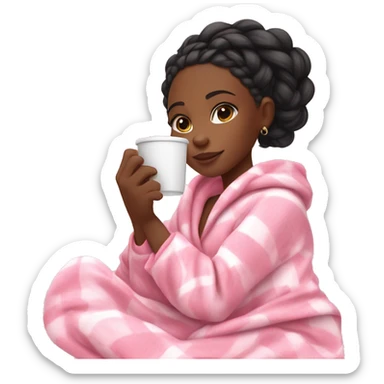 Black girl with goddess braids holding a cup of coffee while snuggling in a cozy pink blanket and cute pink and white pajamas  sticker