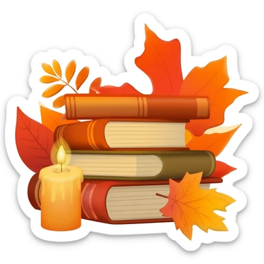 Red-orange-yellow-brown-gradients autumn aesthetic, stack of books, candle, leaves sticker