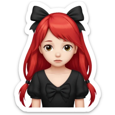 red long twin tail hair girl with black bow on her hair wearing black dress with a sad face sticker