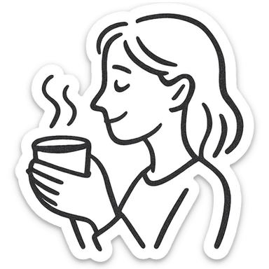 pen-drawn hand sketch style emoji of a woman in side profile, gently smiling, holding a steaming coffee cup with both hands, casual and simple lines, minimal or no color, cozy and relaxed mood, clear and warm expression sticker