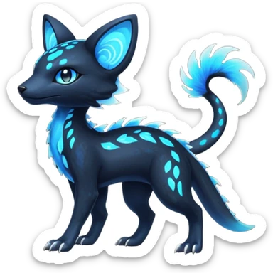Rare realistic dark black with glowing blue bioluminescent edgy badass epic pretty beautiful handsome gorgeous aesthetic colorful vibrant Vernid-Trico-species-Fakemon-creature by LiLaiRa, 4 legs, 1 tail, random markings, (full body) sticker