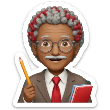 old man teacher, brown skin, curly grey white hai, wearing glasses, brown suit, red tie hold chalk on hand sticker
