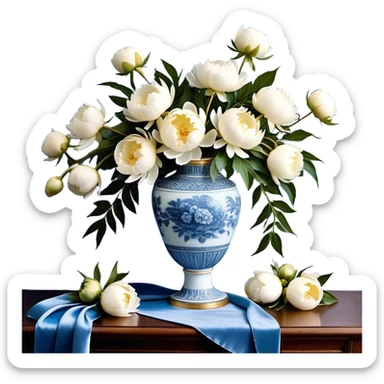 An intricately detailed porcelain vase with gold accents cradles a cascading bouquet of white peonies, tinged with hints of sky blue. Around the neck of the vase, a dusty blue velvet ribbon is artfully tied into a loose bow, its ends draping gracefully over the table’s edge. A few petals have delicately fallen onto the tabletop, resting beside a strand of soft pearl beads, adding a sense of quiet romance and nostalgia to the composition.


 sticker