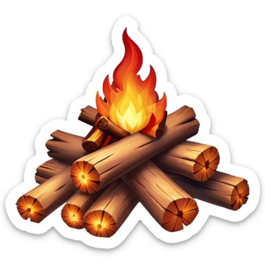 Cinematic Realistic Campfire, a roaring flame crackling atop carefully arranged logs, embers glowing deep red, golden light casting soft flickering shadows, gentle smoke drifting upwards, glowing with warmth and coziness. sticker