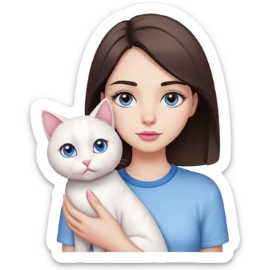 A girl with short brown shoulder length hair, straight eyebrows, large dark brown eyes, long eyelashes, a normal nose, a normal mouth, pink lips, and white skin, holding a white cat with blue eyes and wearing a shirt sticker