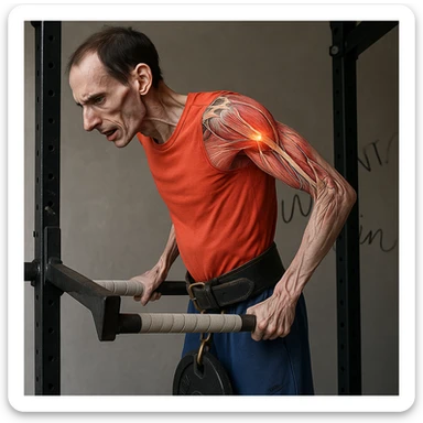 Hyperrealistic 4K image of a very thin man performing a dip on parallel bars, side position as in the reference, showing an expression of discomfort. Shoulder highlighted with an anatomical effect showing muscles, tendons, and inflammation. Gym atmosphere. Variant 4. sticker