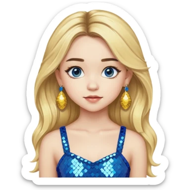 Sabrina Carpenter with long blonde hair, yellow sequin crop top, yellow earring, blue eye sticker