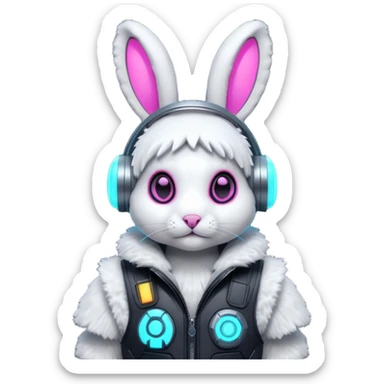 cute cyberpunk rabbit, neon ear implants, cyber armor vest, glowing circuits, futuristic vibe, 3D cartoon, mobile game icon style, clean background, no text, no watermark
 sticker