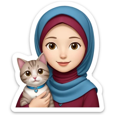 Asian White girl wearing  maroon hijab and white dress holding a black grey tabby cat while smiling. The cat is wearing a blue collar sticker