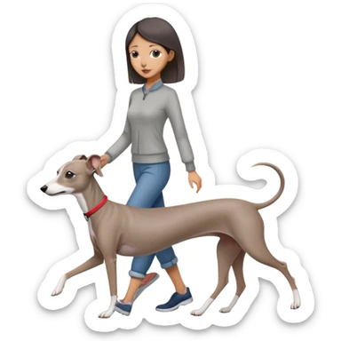 Beautiful Asian girl with cute features walking an all grey Italian greyhound with no white nose sticker