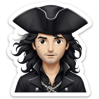 A charismatic pirate with wavy black hair tousled by the breeze. His silver-embroidered tricorn hat casts a shadow. Dark eyes glint with mischief as he looks to the side. His black coat, adorned with silver buttons, shifts with the wind sticker
