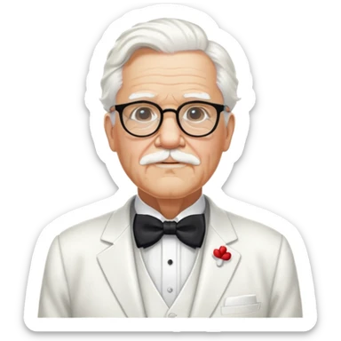 Colonel Sanders KFC, old man with white hair, white goatee, black bow tie, white suit, glasses sticker