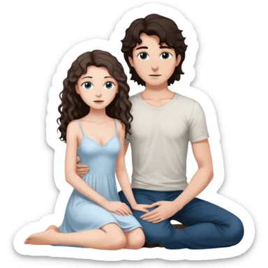 white girl, dark brown long slightly curly hair , skinni but with big breast , septum piercing on nose, beautiful dark gray-blue eyes, in white dress , boy dark brown eyes , light white skin , tall , skinny , light brown mid haircut ,  on his knee asking her to be hos wife sticker