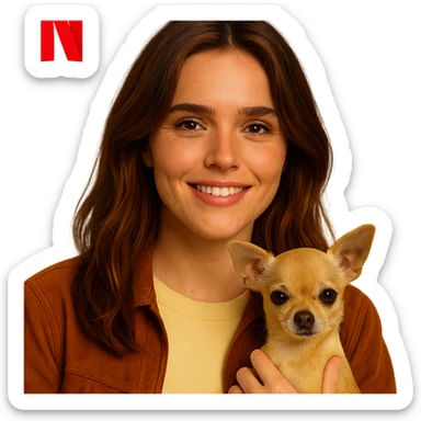 Portrait for Instagram profile inspired by the facial features visible in the reference images, with a tanned complexion, subtle freckles, wearing a shirt colored #FFF8CA and a rust-colored jacket, mid-length brown hair with auburn highlights, a joyful and knowing expression, holding a beige-brown chihuahua, in the style of a Netflix series, transparent background, intimate Tenerife ambiance. sticker