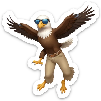 friendly anthropomorphised male eagle in a shirt and pants with sunglasses leaping energetic pose sticker