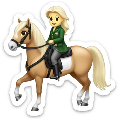 Un cheval Palomino en tain de galoper il a un tapis noir à paillettes sur le dos, sa cavalière qui est sur lui est une fille blanche avec les cheveux marrons elle porte un pantalon noir et un haut vert sapin  sticker