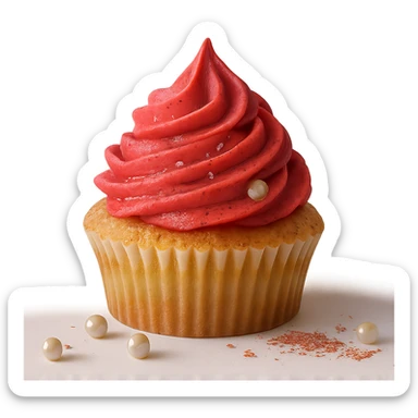 Change the icing to strawberry flavor, keep the realistic cupcake and accessories, photorealistic style, transparent background. Maintain the realistic look and details of the cupcake and accessories while changing the icing to strawberry. sticker