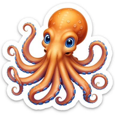 Cinematic Noble smiling Octopus Portrait Emoji, Poised and enchanting, with a light orange body adorned with vibrant blue rings and eight delightfully curling arms with gentle suckers, large sparkling eyes exuding warmth and playfulness, Simplified yet charmingly expressive features, highly detailed, glowing with a soft, magical underwater radiance, high shine, intelligent and irresistibly cute, stylized with an air of whimsical marine enchantment, focused and fluid, soft glowing outline, capturing the essence of a watchful and endearing octopus that appears ready to float out of the screen with delightful charm! sticker