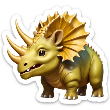 Cinematic Noble Triceratops Portrait Emoji, Poised and formidable, with a robust, stocky build adorned by three prominent horns and a broad, intricately frilled head, exuding ancient strength and wisdom, Simplified yet sharply defined features, highly detailed, glowing with a soft, earthy radiance, high shine, intelligent and stalwart, stylized with an air of prehistoric majesty, focused and resolute, soft glowing outline, capturing the essence of a watchful and confident Triceratops that appears ready to charge out of the screen with effortless power! sticker