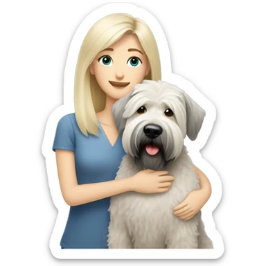 pretty woman blonde hair blue eyes hugging a white and gray soft coated wheaten terrier dog with bangs sticker