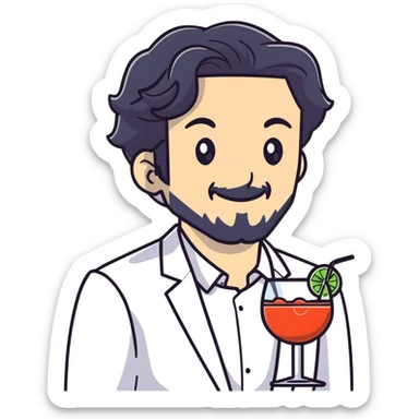 Management educator with black wavy hair, stubble, strong features, white skin, smart casual attire, mingling at a business networking reception, engaged in dynamic conversation with other professionals, cocktail event setting sticker