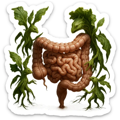 Ultra-realistic 4K illustration: stylized lettuce leaves depicted as plant-like creatures interacting with a human anatomical model of the intestine. The scene is surreal and scientific, with organic textures, refined biological details, dramatic lighting, and a bio-fantasy photorealistic style sticker