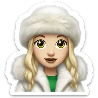 Realistic White girl with Long straight blonde hair, green eyes, tattoos, full body wearing white fur coat and fur hat sticker