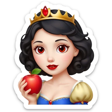 Cinematic Elegant Snow White Portrait Emoji, Delicately holding a red apple, eyes glimmering with mystery, soft curls perfectly placed, her royal presence glowing with a warm, enchanting charm! sticker