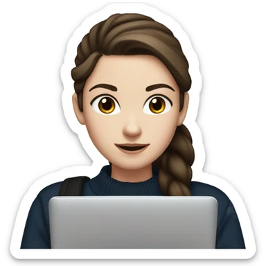 caucasian white girl student, holding laptop, blue eyes, dark brown hair ponytail wearing a thick black sweater sticker