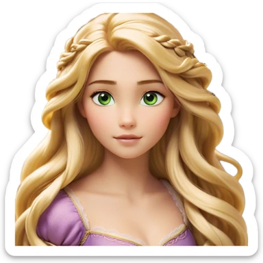 Cinematic Realistic Rapunzel Portrait, with porcelain-like skin featuring a subtle, natural glow, illuminated by soft lighting that brings out the gentle contours of her face. Her long, golden blonde hair cascades in detailed waves, each strand highlighted with a radiant shimmer as it catches the light. Her bright, expressive green eyes exude curiosity and warmth, framed by delicate lashes and soft, arched brows. Her expression is playful and vibrant, with a gentle smile. She is dressed in her classic lavender and pink gown, the fabric textured with delicate folds that flow naturally, catching the light with a soft, radiant glow. The portrait captures a luminous, enchanting aura, seamlessly blending realism with a whimsical, fairytale charm, evoking a timeless sense of beauty and magic. sticker