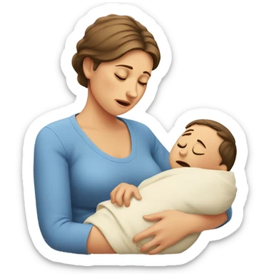 European sad mother with newborn sticker