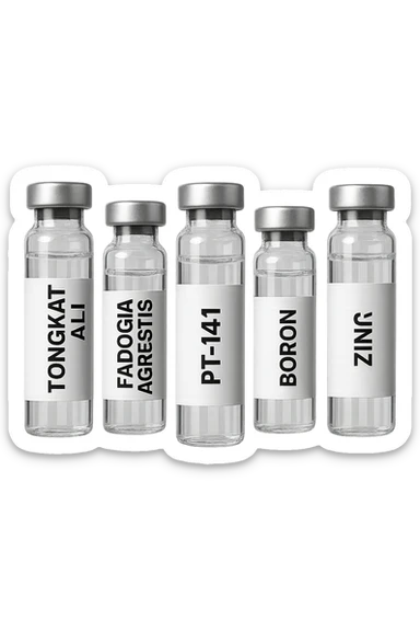 3 fiale mediche: Tongkat Ali, Fadogia Agrestis, PT-141, Boron e Zinco fluttuano in aria verticalmente sticker