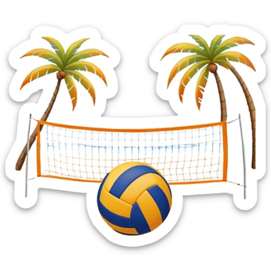The scene captures an orange sand, sunny sea beach with clear blue sea and sky, palm trees swaying. A volleyball resting on the orange sand ground of a beach, with a volleyball net in the background.  sticker