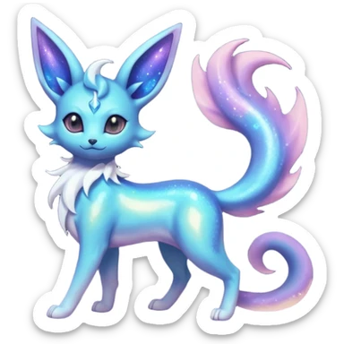 Shiny Iridescent Sparkly Nebulae Espeon-Umbreon-Vaporeon-Glaceon-Dragonair-Fakémon-hybrid-creature (full body)  with a galaxy-dust-flowing-gradient-tail sticker
