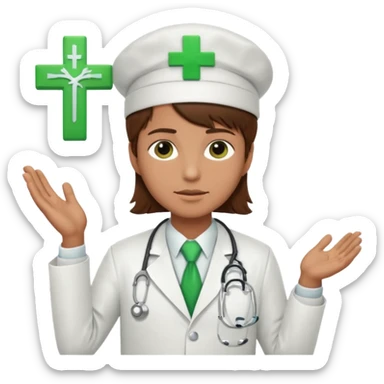 a doctor in white suit with a doctor hat with green cross brown hair sticker