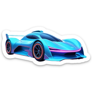 A futuristic racing car with glowing neon lights, sleek aerodynamic design, and a cyberpunk cityscape in the background. The car is speeding through a neon-lit street with high-tech buildings and holograms." sticker