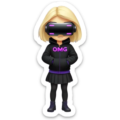 Russian cute blond student girl wearing black hoody with violet letters "OMG", in vr headset. No eyes. Cyberpunk style. Violet neon. sticker