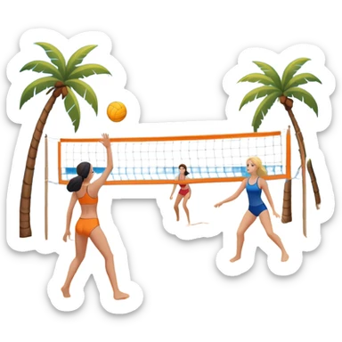 A volleyball resting on the orange sand of a beach, with a volleyball net in the background. The scene includes a beautiful beach landscape with blue sea, sky, and palm trees, while a couple of women in swimsuits play in the distance, capturing the relaxed yet competitive vibe of beach volleyball. sticker