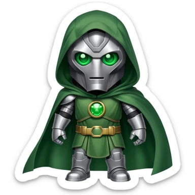Doctor Doom standing with glowing green eyes visible through his metal mask, wearing green cloak sticker