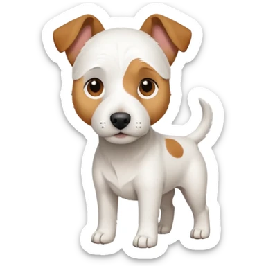 a full body large white parson russell looking dog the size of a kelpie with light brown ears and a light brown patch on one eye and a large snout sticker