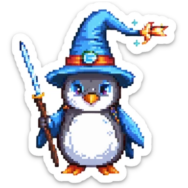 Penguin dressed as a wizard with a magical wand and pointy wizard hat sticker