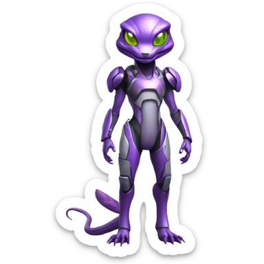 Lizard-Reptile-Raptor-Alien-Genesect-Mewtwo-Fakémon, with a futuristic visor-helmet, wearing a techwear-suit, Full Body sticker