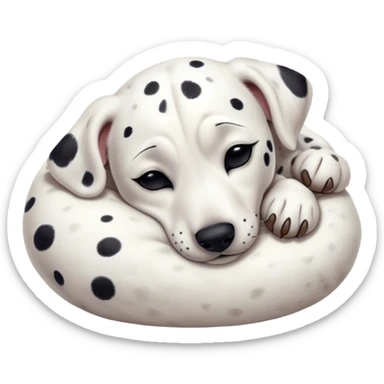 Cinematic cute Sleeping Dalmatian Portrait Emoji, cute and serene, with a round, plump build and a glossy white coat adorned with distinctive black spots, eyes gently closed in peaceful slumber, Simplified yet irresistibly endearing features, highly detailed, glowing with a gentle, dreamy glow, high shine, relaxed and content, stylized with a touch of whimsy, bright and heartwarming, soft glowing outline, capturing the essence of a blissfully sleepy companion, so comically serene it feels like it could roll out of the screen and snore with adorable charm! sticker