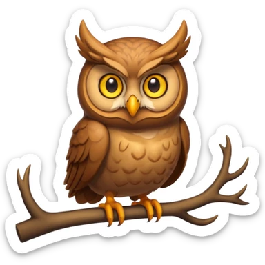 Emoji chouette perchée brun clair, yeux jaunes brillants, bec recourbé, bois de cerf imposants, sagesse et puissance. sticker